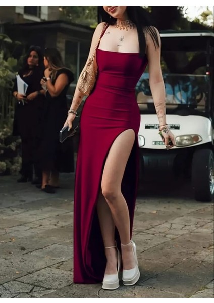 Askılı Yırtmaçlı Uzun Gece Elbisesi Mezuniyet Elbisesi modelleri