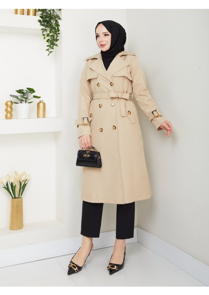 Kadın Bej Arkası Düğmeli Trençkot