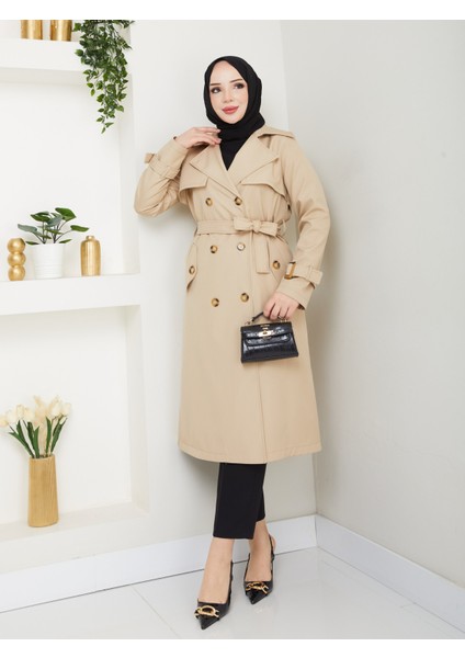 Kadın Bej Arkası Düğmeli Trençkot modelleri