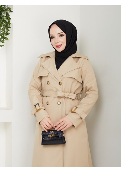 Kadın Bej Arkası Düğmeli Trençkot