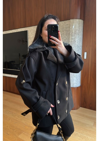 Yakası Kürklü Kaşe Kaban- Siyah fiyatları