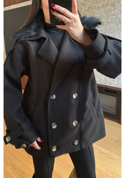 Yakası Kürklü Kaşe Kaban- Siyah modelleri