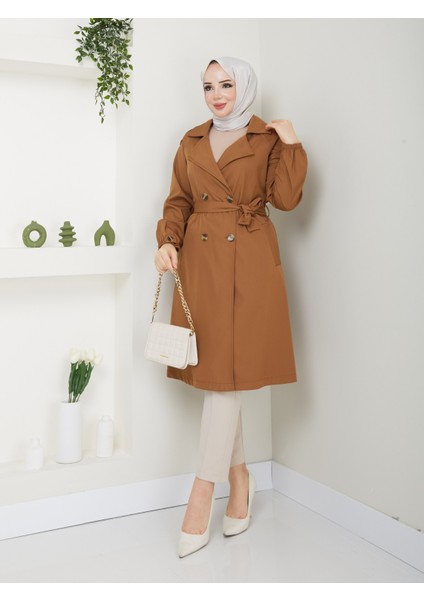 Kadın Kahverengi Lastik Kollu Trençkot