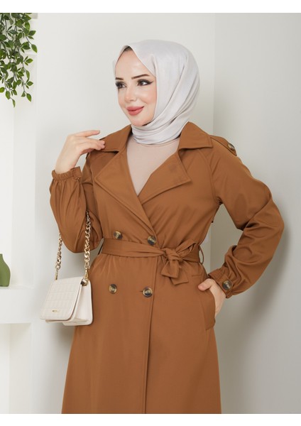 Kadın Kahverengi Lastik Kollu Trençkot indirimleri