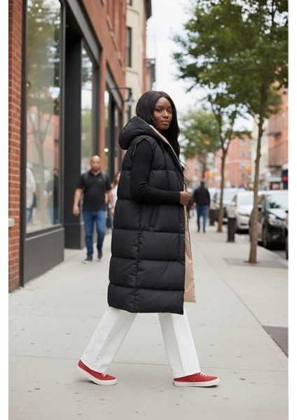 Kadın Kapüşonlu Cepli Çift Taraflı Krem-Siyah Yelek modelleri