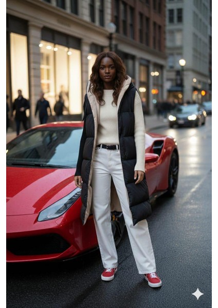 Kadın Kapüşonlu Cepli Çift Taraflı Krem-Siyah Yelek fırsatları