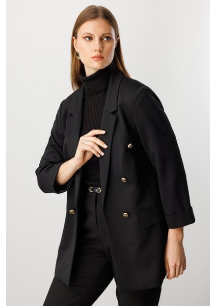 Kadın Büyük Beden Kapak Cepli Duble Kol Ceket 5523 Siyah