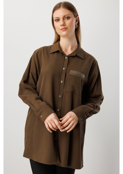 Kadın Büyük Beden Cebi Taş Işlemeli Gömlek 3561 Haki