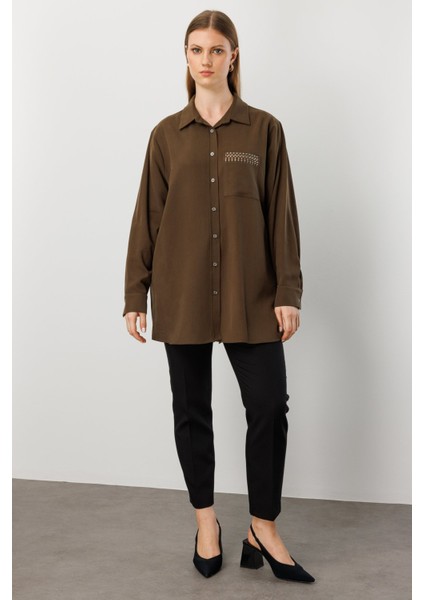 Kadın Büyük Beden Cebi Taş Işlemeli Gömlek 3561 Haki fiyatları