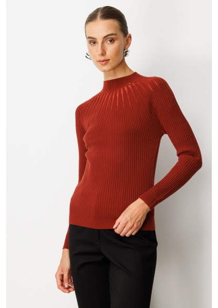 Kadın Dik Yaka Tül Detaylı Triko Kazak 60384 Bordo fiyatları