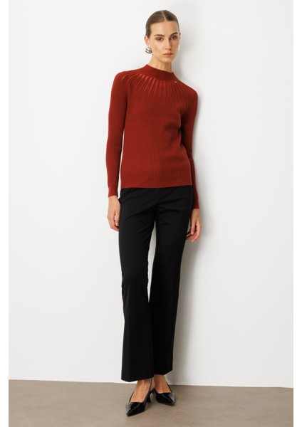 Kadın Dik Yaka Tül Detaylı Triko Kazak 60384 Bordo modelleri
