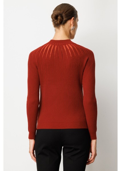 Kadın Dik Yaka Tül Detaylı Triko Kazak 60384 Bordo fırsatları