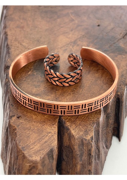 Ayarlanabilir %100 Saf Bakır Bileklik Bakır Yüzük Kombini El Yapımı Bileklik Yüzük