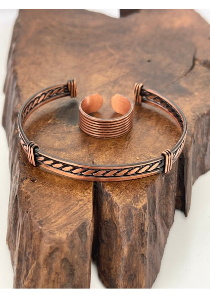 Ayarlanabilir ½100 Saf Bakır Bileklik Bakır Yüzük Kombini El Yapımı Bileklik Yüzük