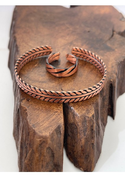 Ayarlanabilir %100 Saf Bakır Bileklik Bakır Yüzük Kombini El Yapımı Bileklik Yüzük