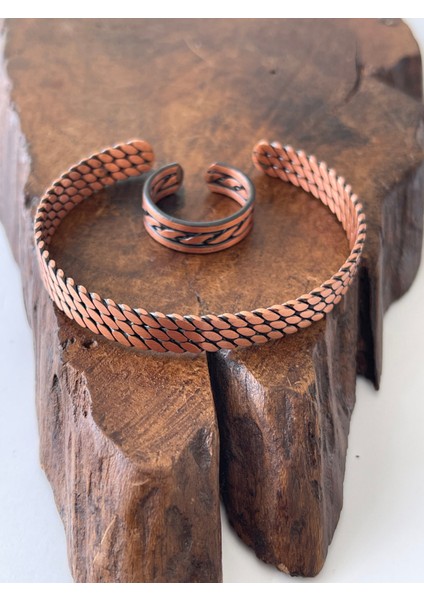 Ayarlanabilir %100 Saf Bakır Bileklik Bakır Yüzük Kombini El Yapımı Bileklik Yüzük