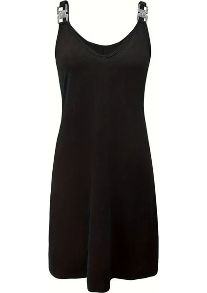 Kadın Askılı V Yakalı Toka Detaylı Janjan Krep Elbise fırsatları