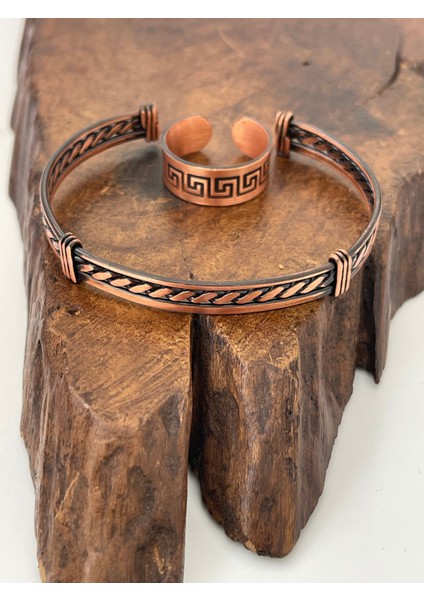 Ayarlanabilir %100 Saf Bakır Bileklik Bakır Yüzük Kombini El Yapımı Bileklik Yüzük
