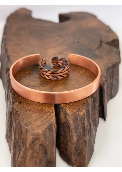 Ayarlanabilir %100 Saf Bakır Bileklik Bakır Yüzük Kombini El Yapımı Bileklik Yüzük