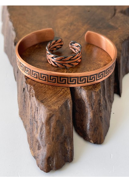 Ayarlanabilir %100 Saf Bakır Bileklik Bakır Yüzük Kombini El Yapımı Bileklik Yüzük