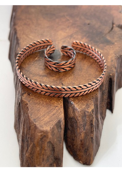 Ayarlanabilir %100 Saf Bakır Bileklik Bakır Yüzük Kombini El Yapımı Bileklik Yüzük