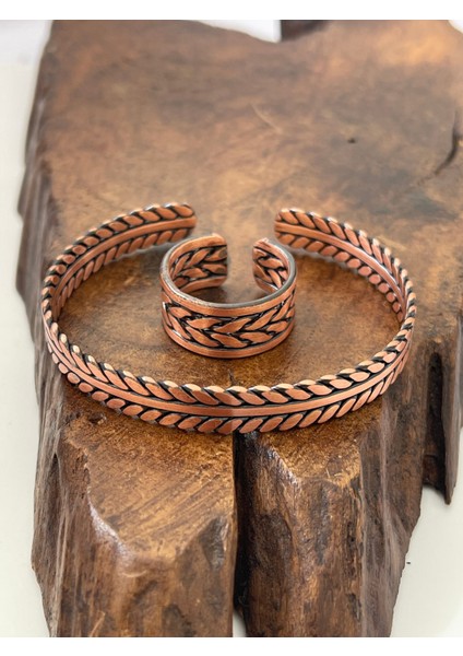 Ayarlanabilir %100 Saf Bakır Bileklik Bakır Yüzük Kombini El Yapımı Bileklik Yüzük