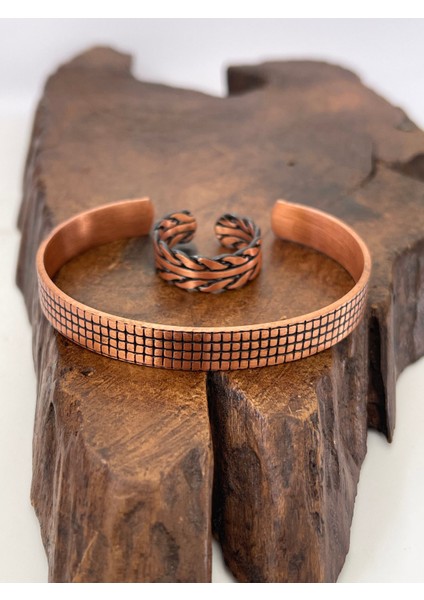 Ayarlanabilir %100 Saf Bakır Bileklik Bakır Yüzük Kombini El Yapımı Bileklik Yüzük