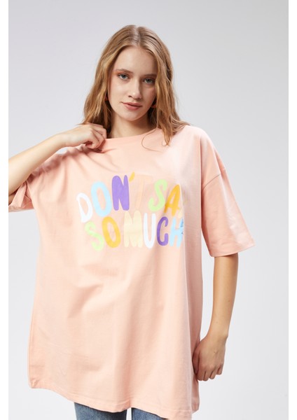 Kadın Bisiklet Yaka Baskılı Kısa Kollu Oversize Tişört