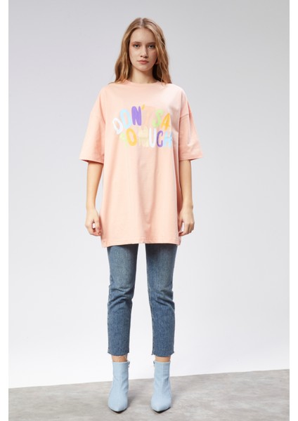 Kadın Bisiklet Yaka Baskılı Kısa Kollu Oversize Tişört indirimleri