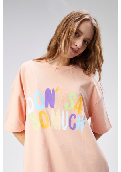 Kadın Bisiklet Yaka Baskılı Kısa Kollu Oversize Tişört