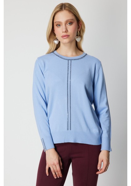 Kadın Taş Işlemeli Triko Kazak 65397 Bulut