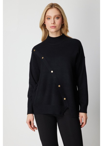 Kadın Süs Düğmeli Dik Yaka Triko Kazak 60419 Siyah