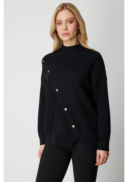 Kadın Süs Düğmeli Dik Yaka Triko Kazak 60419 Siyah fiyatları