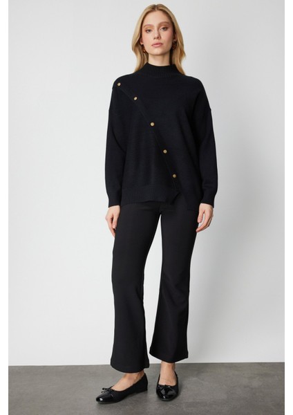 Kadın Süs Düğmeli Dik Yaka Triko Kazak 60419 Siyah modelleri