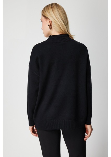 Kadın Süs Düğmeli Dik Yaka Triko Kazak 60419 Siyah fırsatları