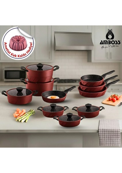 16 Parça Vento Döküm Tencere Tava Sahan Seti (Kırmızı)