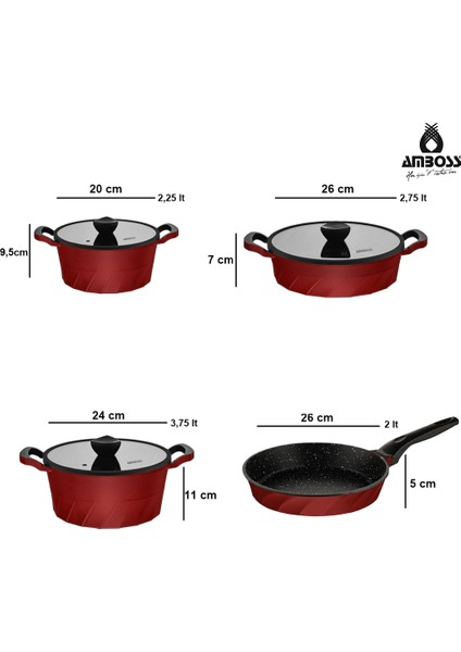 16 Parça Vento Döküm Tencere Tava Sahan Seti (Kırmızı)