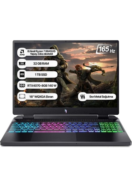 Yenilenmiş Nitro 16 AN16-42 Amd R7 8845HS 32GB 1tb SSD RTX4070-8GB Dos 16" Wqxga 165Hz Taşınabilir Bilgisayar NH.QSLEY.001
