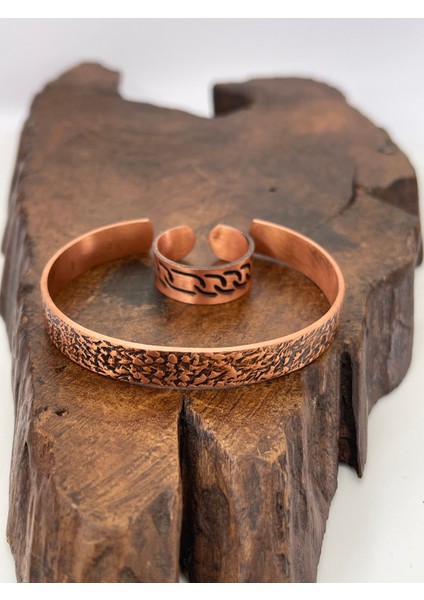 Ayarlanabilir %100 Saf Bakır Bileklik Bakır Yüzük Kombini El Yapımı Bileklik Yüzük