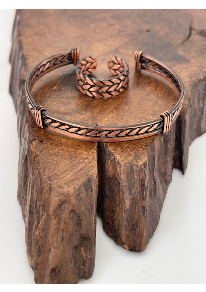 Ayarlanabilir %100 Saf Bakır Bileklik Bakır Yüzük Kombini El Yapımı Bileklik Yüzük