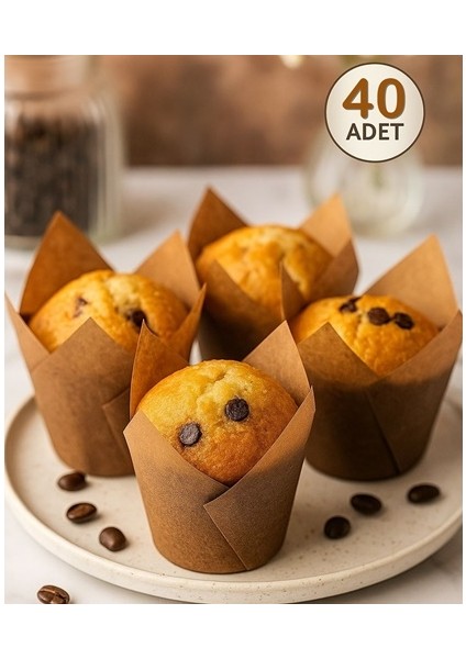 40'lı Kraft Muffin Cupcake Kalıbı Lale Şekilli Kek Kapsülü Naturel Kek Kalıbı,airfryer Uyumlu