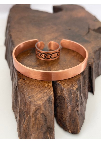 Ayarlanabilir %100 Saf Bakır Bileklik Bakır Yüzük Kombini El Yapımı Bileklik Yüzük