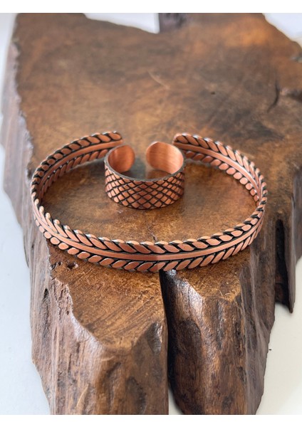 Ayarlanabilir ½100 Saf Bakır Bileklik Bakır Yüzük Kombini El Yapımı Bileklik Yüzük