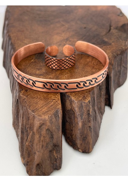 Ayarlanabilir %100 Saf Bakır Bileklik Bakır Yüzük Kombini El Yapımı Bileklik Yüzük