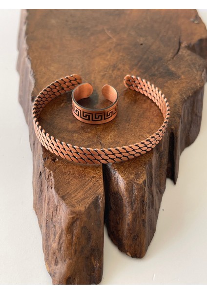 Ayarlanabilir %100 Saf Bakır Bileklik Bakır Yüzük Kombini El Yapımı Bileklik Yüzük