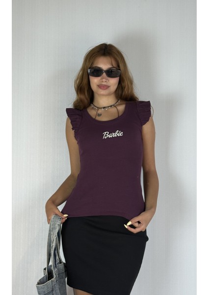 Kadın Bisiklet Yaka Barbie Baskılı Kolu Fırfırlı Bluz Tişört