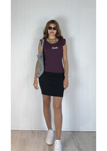 Kadın Bisiklet Yaka Barbie Baskılı Kolu Fırfırlı Bluz Tişört fiyatları