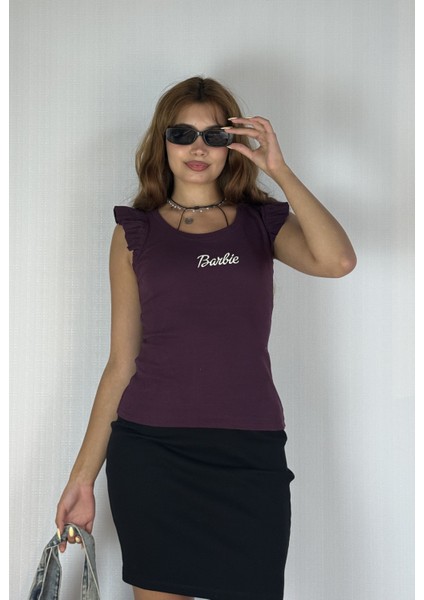 Kadın Bisiklet Yaka Barbie Baskılı Kolu Fırfırlı Bluz Tişört modelleri
