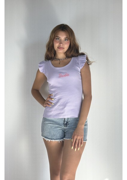 Kadın Bisiklet Yaka Barbie Baskılı Kolu Fırfırlı Bluz Tişört