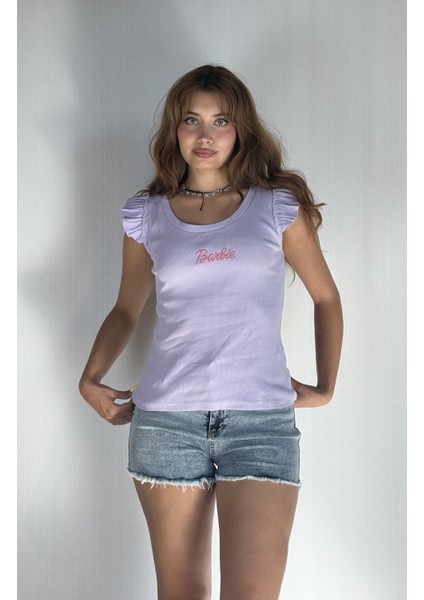 Kadın Bisiklet Yaka Barbie Baskılı Kolu Fırfırlı Bluz Tişört fiyatları